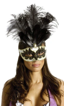 Fun World Carnival Mask Big Feather Black & Gold